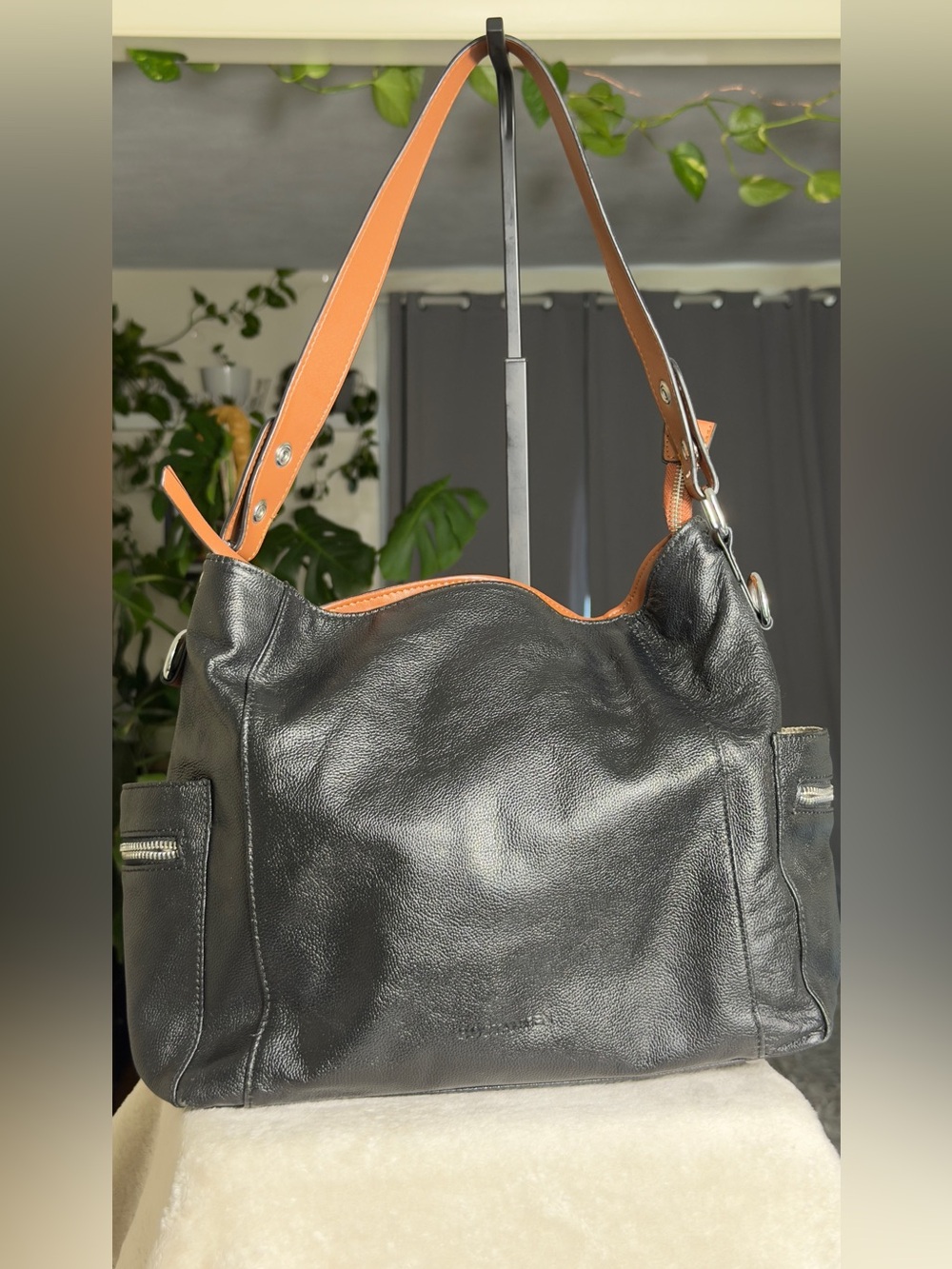 BOSTANTEN Genuine Black Leather Hobo Handbag Brown Strap - MSRP $250